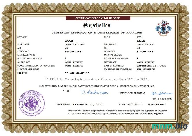 Seychelles akt małżeństwa Word i PDF szablon